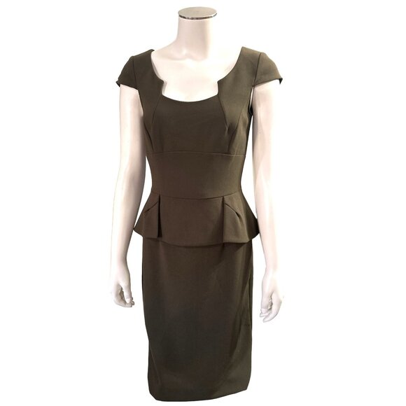 Antonio Melani Olive Green Polyester Viscose Blend Military Peplum Sheath Dress - Picture 1 of 10
